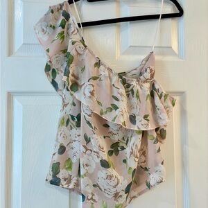 Tobi Floral Asymmetrical Ruffle Blouse - Cream and Green